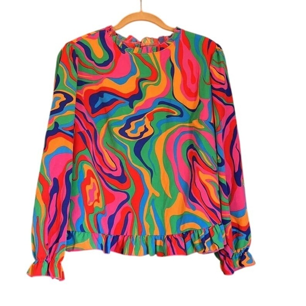 Shein Curve Neon‎ Psychedelic Swirl Ruffle Blouse 0XL Long Sleeve Retro Top